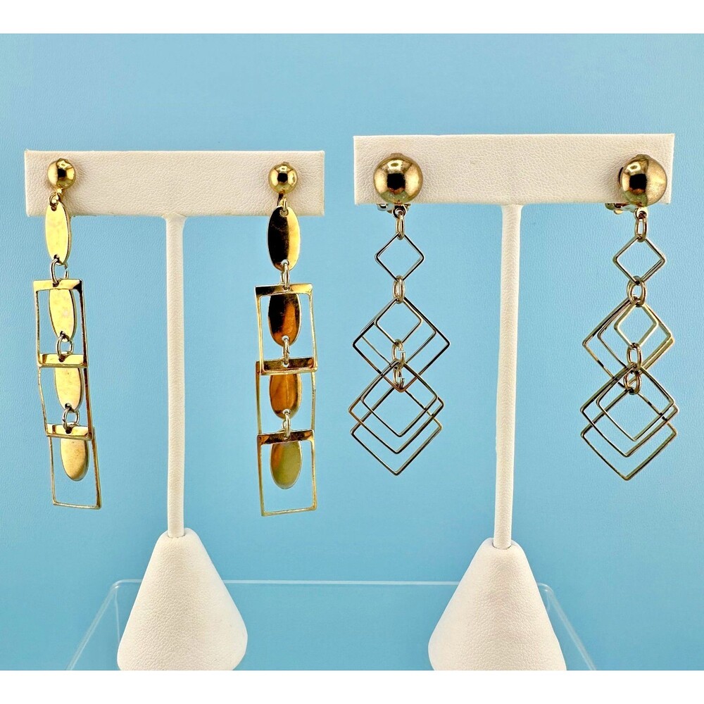 Vintage Geometric Dangle Clip On Earrings Lot Gold Tone Cutout Diamond Shapes
